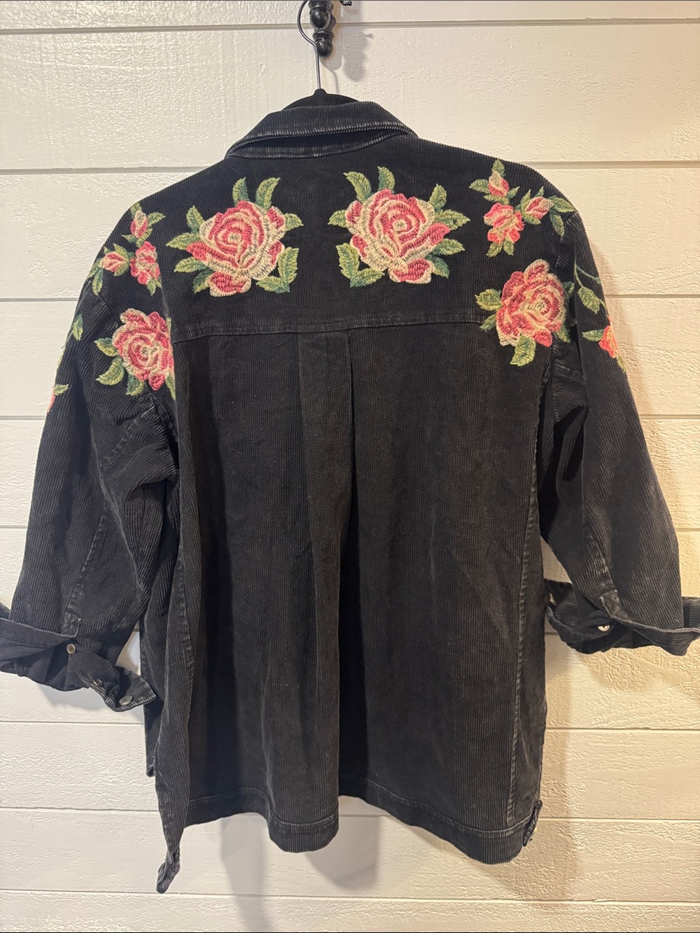 Exclusive Piper & Scoot Women’s Black Corduroy Jacket Pink Rose Embroidery- XS
